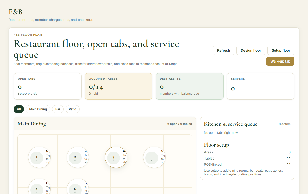 Exact Black Sparrow restaurant floor and service queue screen